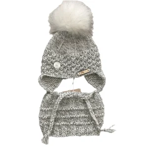 Tuque Avec Cache-Oreilles & Cache-Cou Gris-Blanc (0-3 Mois)
