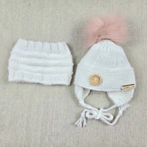 Tuque Avec Cache-Oreilles Avec Pompon Rose & Cache-cou Blanc (Naissant)